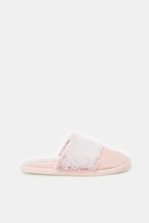 Women Pink Fur Trim Slippers